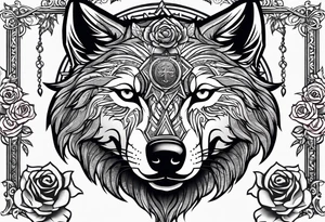 Powerful majestic wolf with mystery in its eye surrounded by rose and a cross and a bible quote tattoo idea