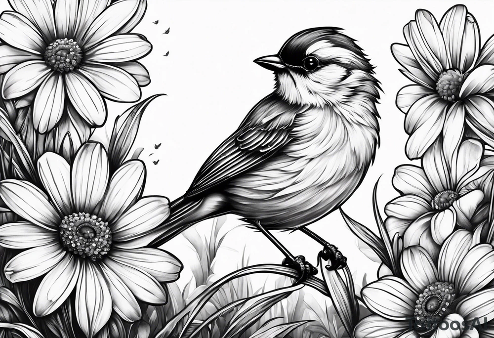 Little bird out perched on grass and daisys tattoo idea