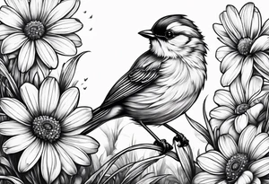 Little bird out perched on grass and daisys tattoo idea