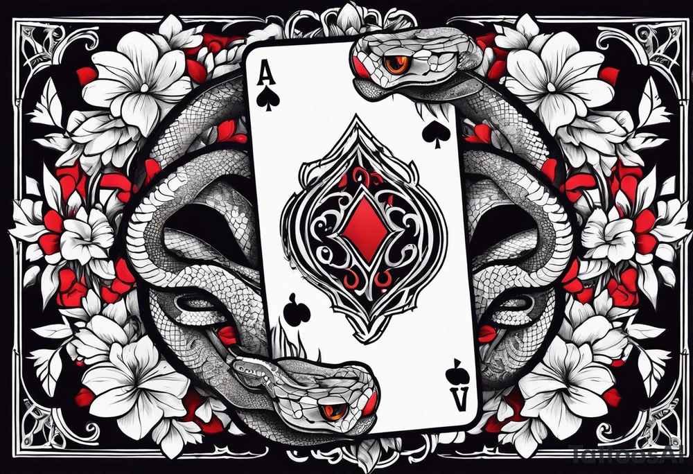 snakes with a playing card with flowers tattoo idea