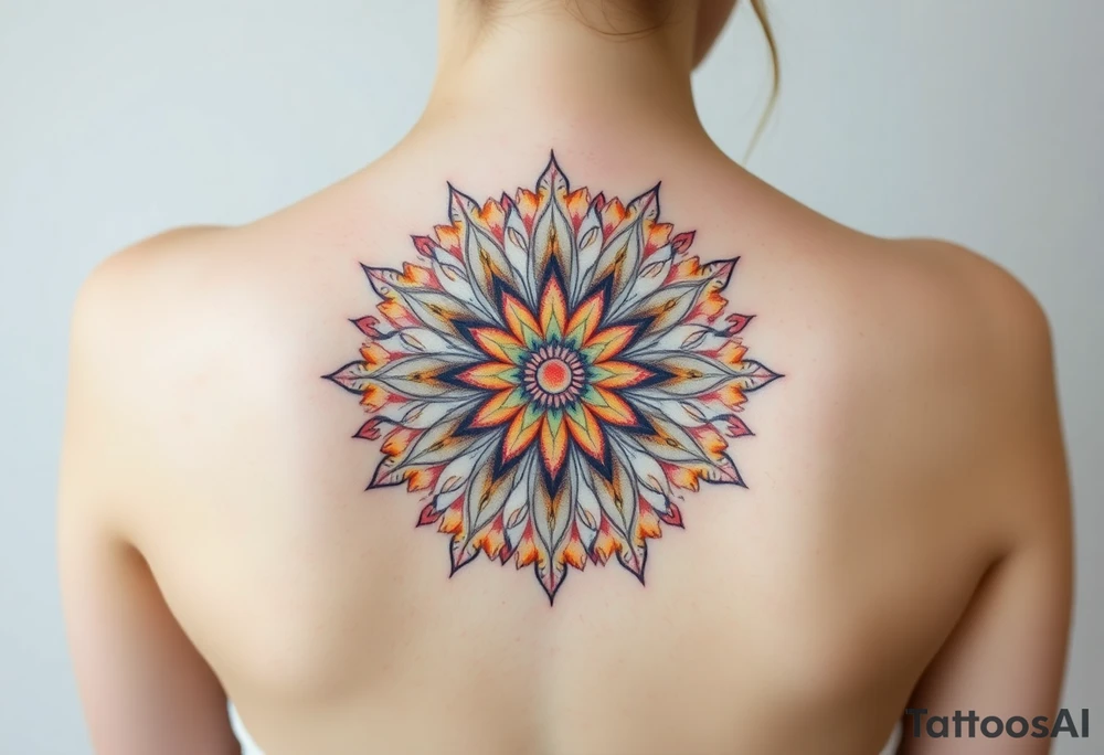 A sunburst pattern radiating from the Flower of Life centered in round cyrcle, embodying energy and vitality tattoo idea