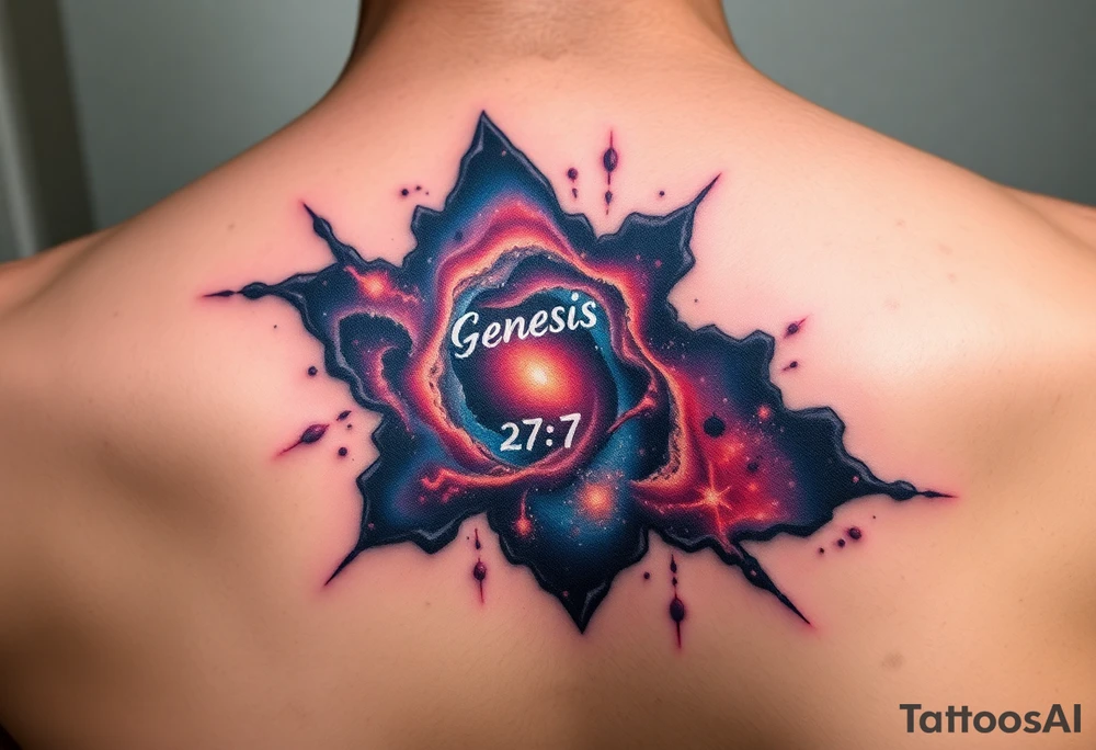3d galaxy coming out of skin with genesis 2:7 written tattoo idea