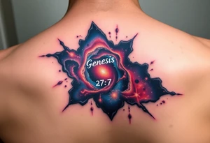 3d galaxy coming out of skin with genesis 2:7 written tattoo idea