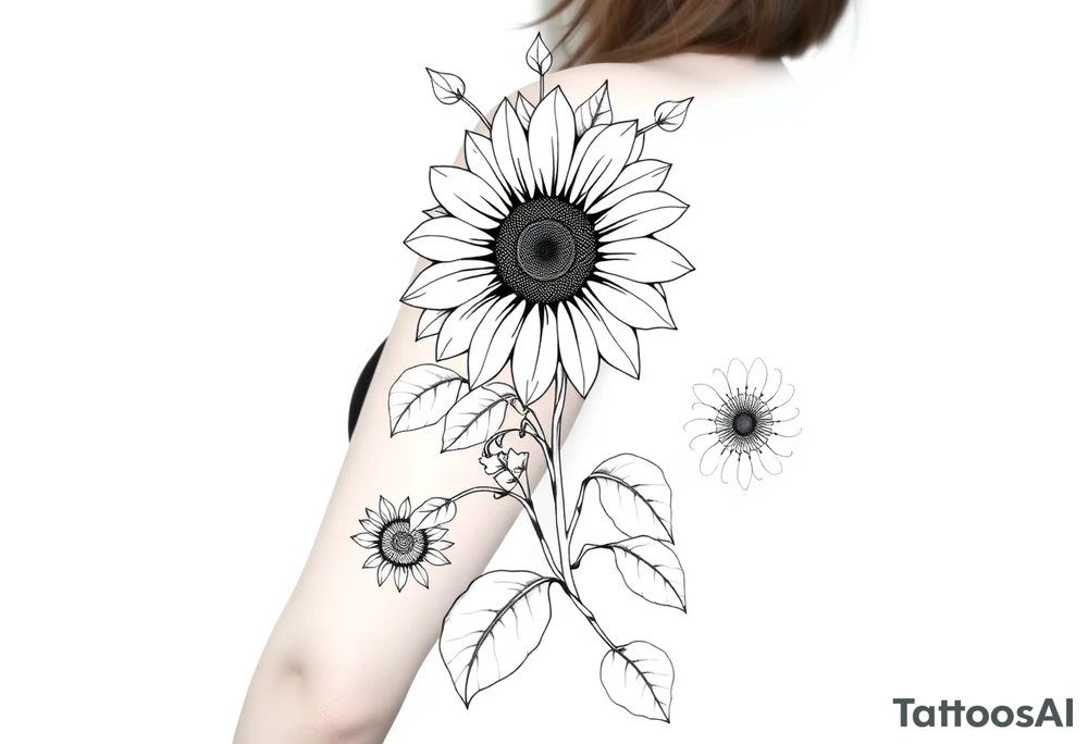 Stylized sunflower on a wild flowy morning glory vine with Bohemian mandalas incorporated to the background tattoo idea