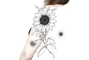 Stylized sunflower on a wild flowy morning glory vine with Bohemian mandalas incorporated to the background tattoo idea