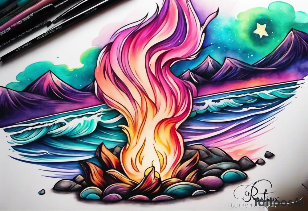 Pink purple teal Bonfire flames turning into northern lights tattoo idea