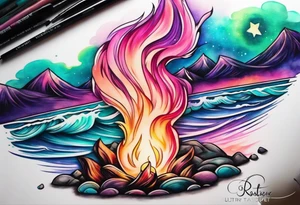 Pink purple teal Bonfire flames turning into northern lights tattoo idea