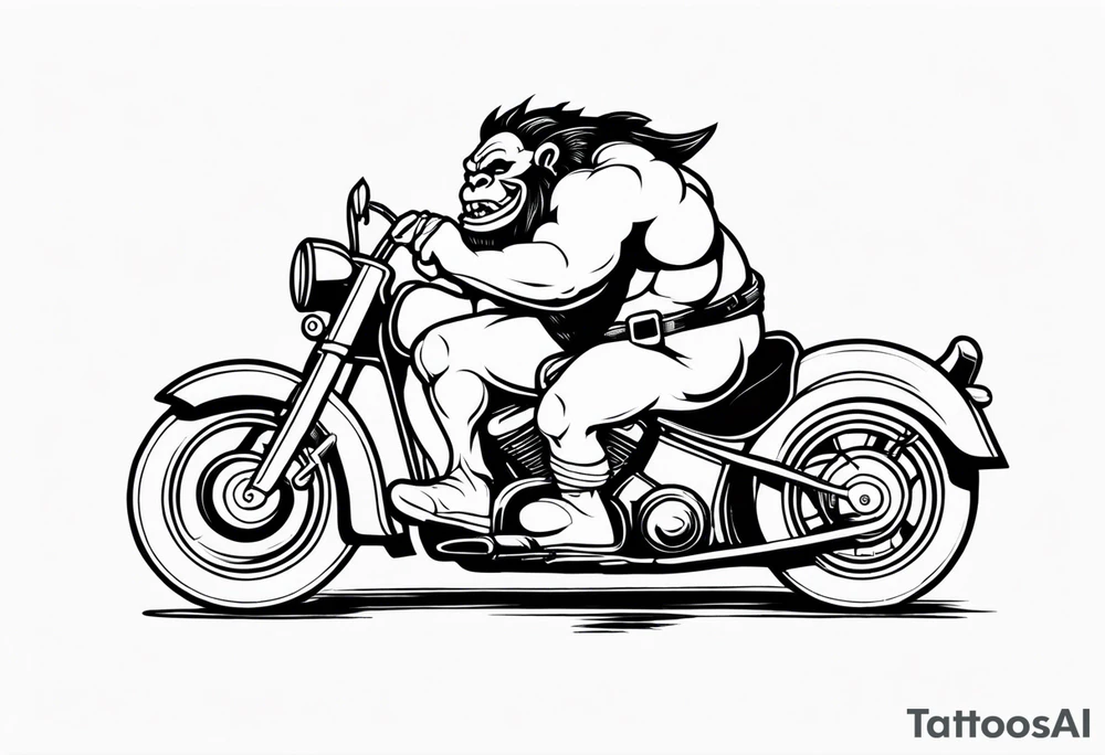 Ogre riding a Harley with ape hanger handlebars tattoo idea