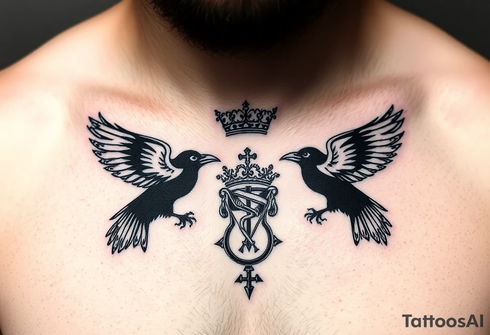 Chest tattoo, two ravens and icelandic symbols, dark brest tattoo, crown tattoo idea