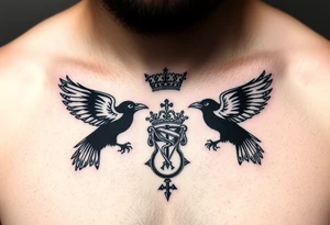 Chest tattoo, two ravens and icelandic symbols, dark brest tattoo, crown tattoo idea