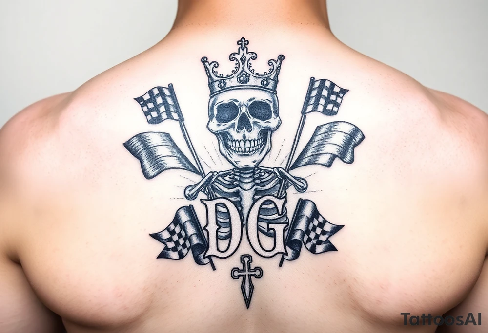 Skeleton wearing crown initials DG with racing flags tattoo idea