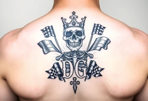 Skeleton wearing crown initials DG with racing flags tattoo idea