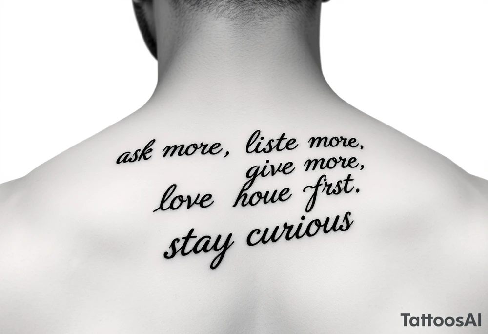 a tattoo on a man's front left clavicle that reads ask more. listen more. give more. love first. stay curious. tattoo idea