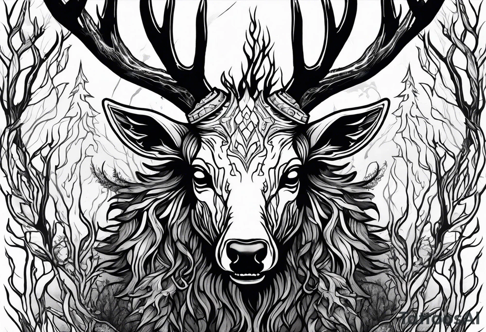 A scary wendigo with a decayed deer skull head with flames behind in a forest tattoo idea