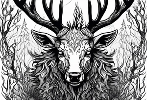 A scary wendigo with a decayed deer skull head with flames behind in a forest tattoo idea