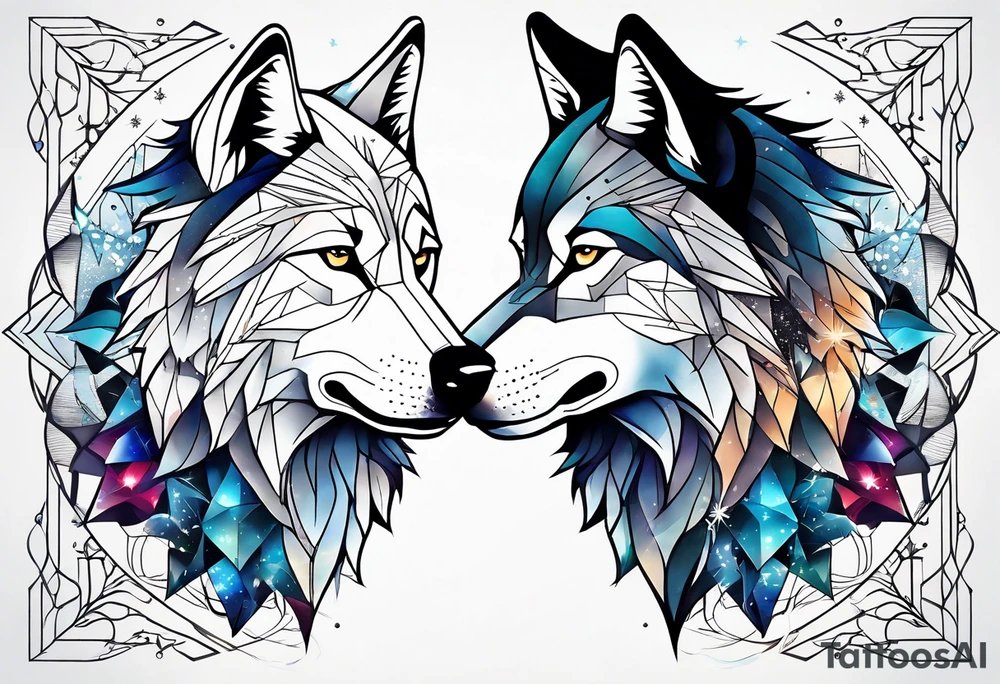 Constellation, two animal wolf, géométric, snowflake tattoo idea
