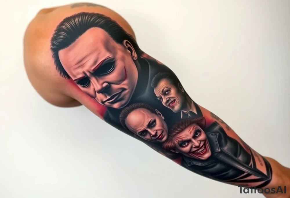 Left full arm sleeve. Michael Myers is the largest and main focal point. It should have the other horror characters like Jason, Freddy, the clown from saw, sam, the leprechaun,  chuckie, pin head, art the clown, leather face penny wise. tattoo idea
