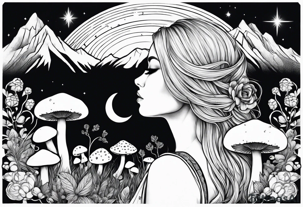 Straight blonde hair girl facing away mountains surrounded by mushrooms crescent moon tattoo idea