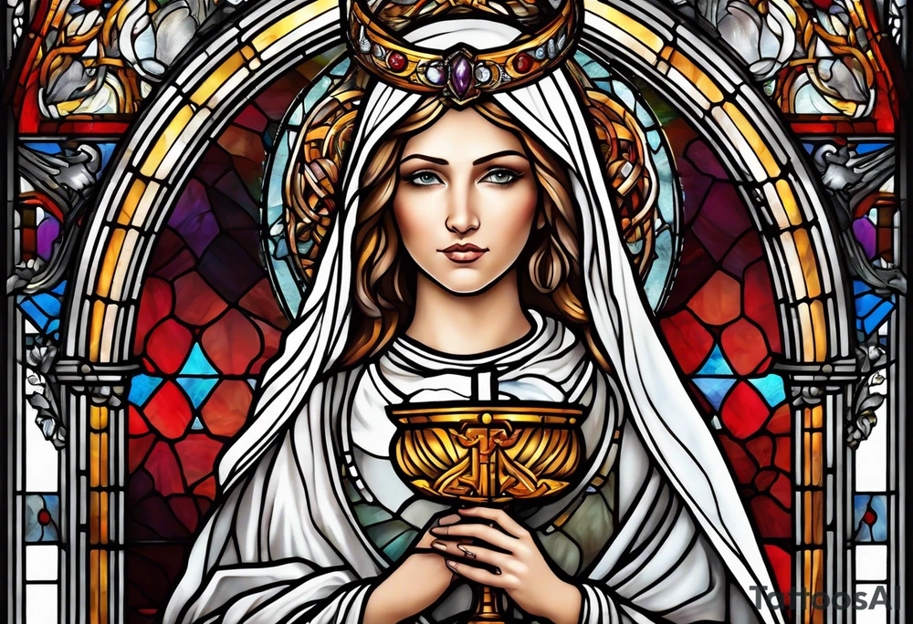 holy saint woman with halo stained glass holding a chalice with artillery tattoo idea