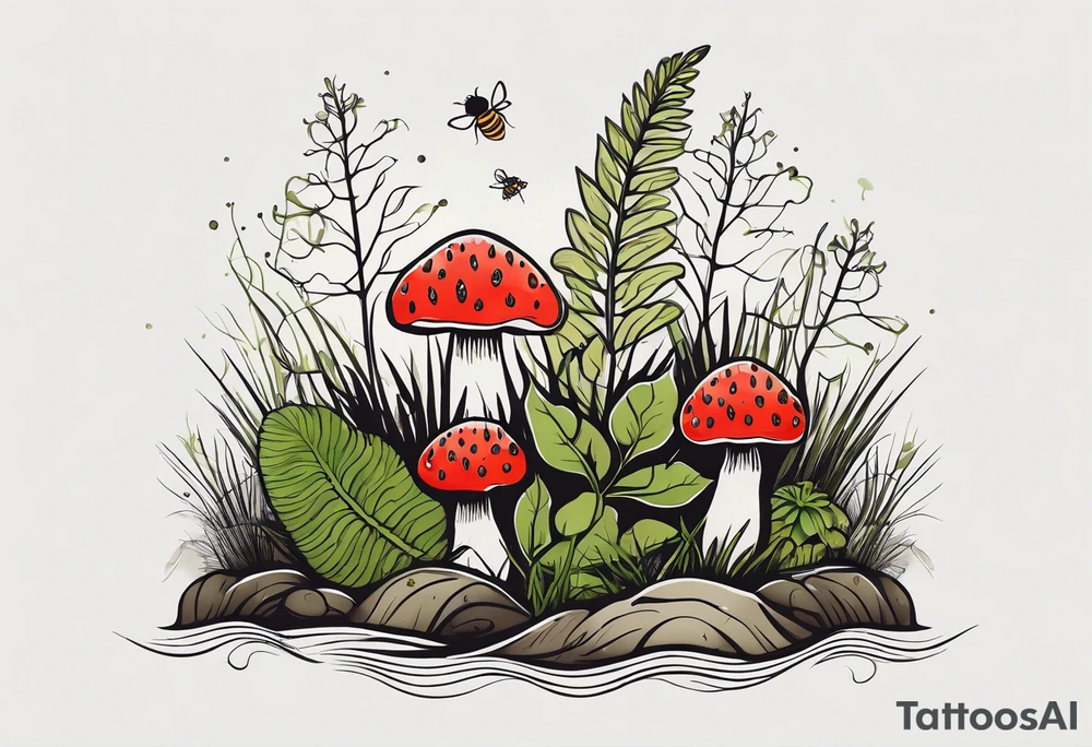 forest floor inspired minimalist tattoo, which includes grass, curly ferns, moss and dead leaves as the bulk of the tattoo. details to include: three very tiny strawberries, a tiny bumblebee flying nearby, three small brown mushrooms
Generate a vertically long one tattoo idea