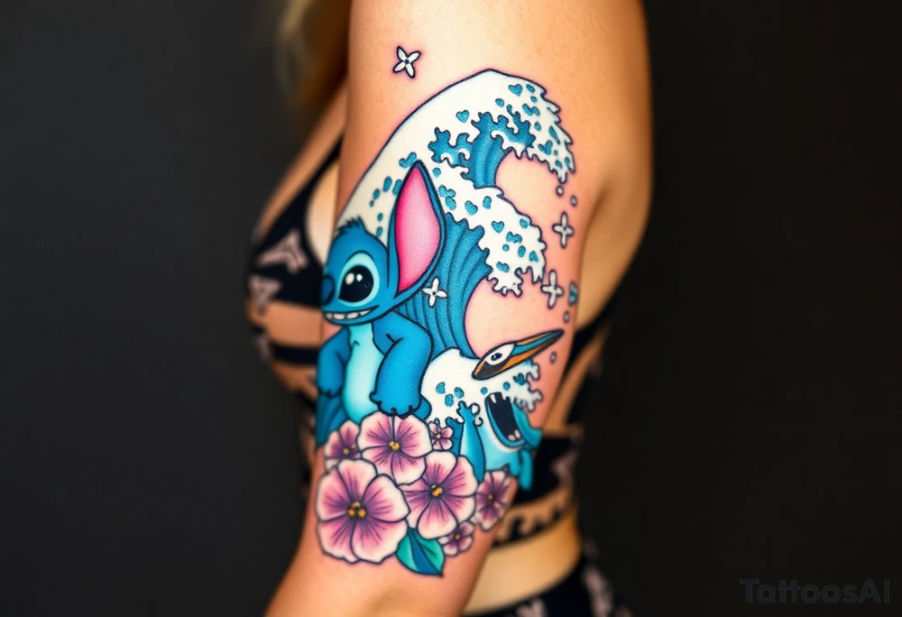 a half sleeve, right side on upper arm, incorporate waves, while adding lilo and stitch, as well as characters and items from moana, including moana, maui, heihei, pua, heart of tefiti. Making it kind of hawaiian themed, adding some turtles and characters lilo and stitch i want it colored tattoo idea