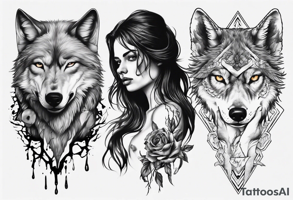 Split woman wolf tattoo idea