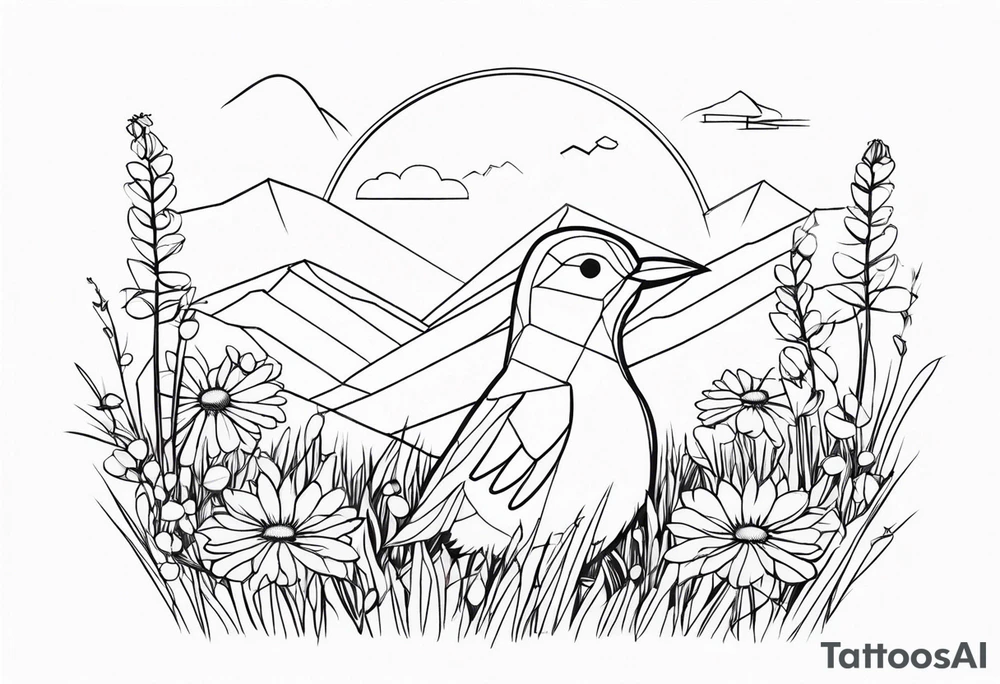 Geometric small bird outline sitting in grass and daisys with mountains in view tattoo idea