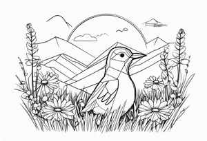 Geometric small bird outline sitting in grass and daisys with mountains in view tattoo idea