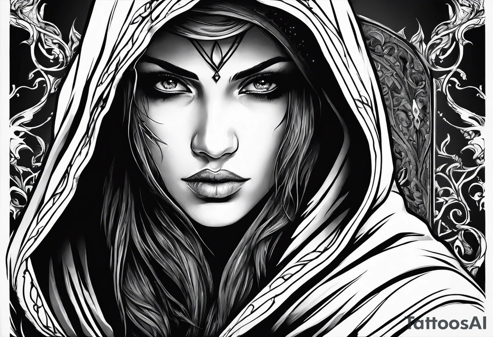 Hooded figure with shaded face carrying staff and wearing a long torn cloak tattoo idea