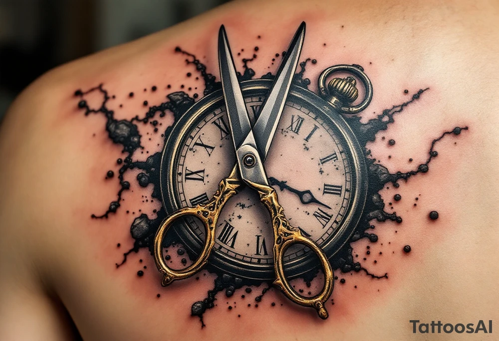 Scissors and Clock Tattoo – A vintage-style pair of brass scissors placed near an old-fashioned pocket watch, with black and gold tones to create a sense of timelessness, symbolizing the passage of time and the precision of moments. tattoo idea