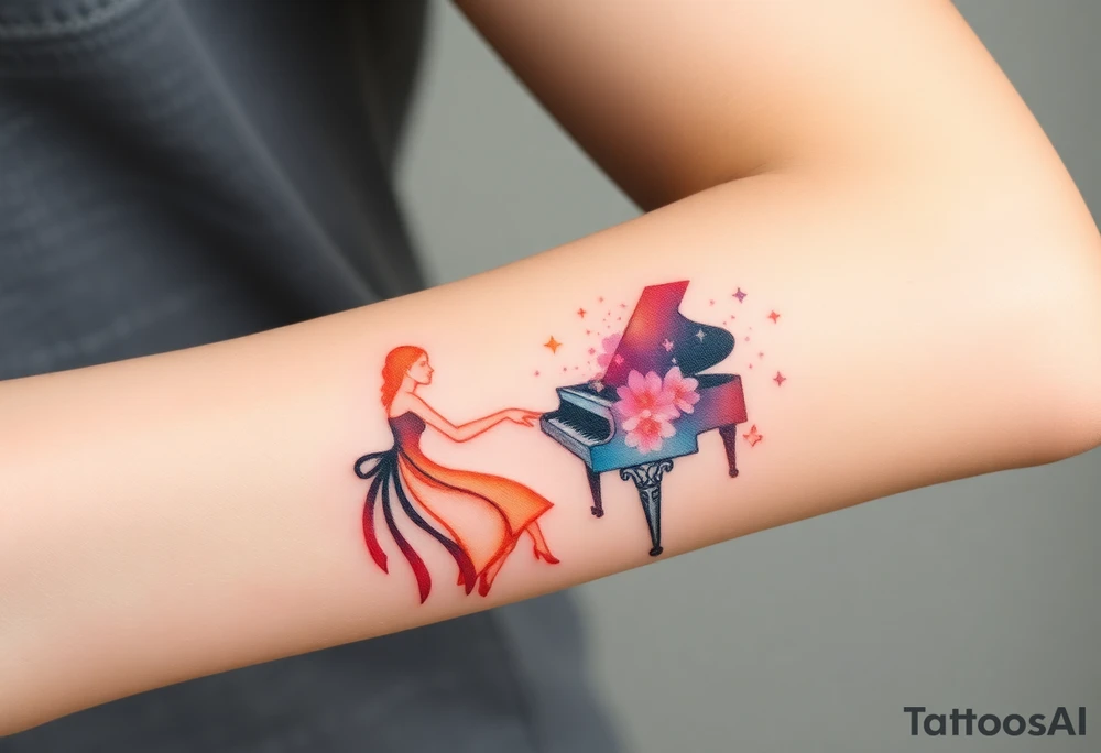 woman playing piano under the stars tattoo idea