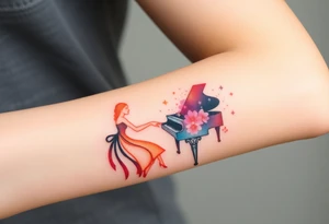 woman playing piano under the stars tattoo idea