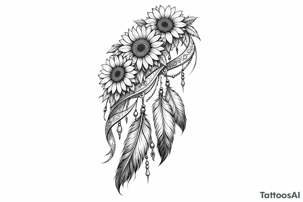 Cascading Sunflowers, Indian feathers and Indian ribbon tattoo idea