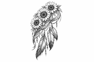 Cascading Sunflowers, Indian feathers and Indian ribbon tattoo idea