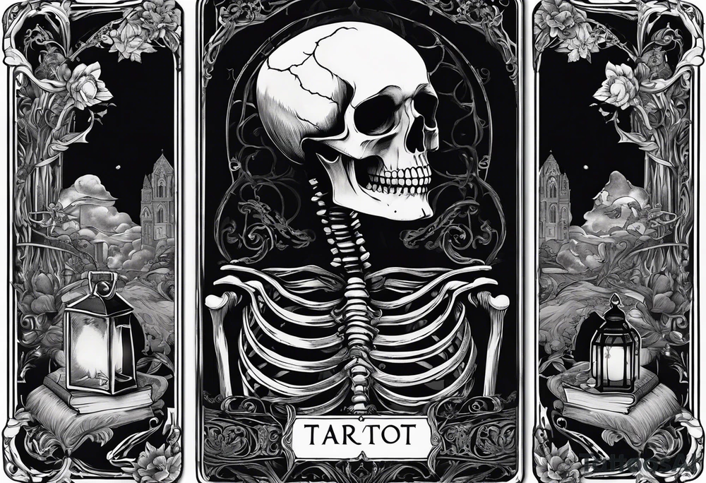 Gothic tarot card with a skeleton reading a book tattoo idea