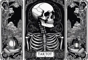 Gothic tarot card with a skeleton reading a book tattoo idea