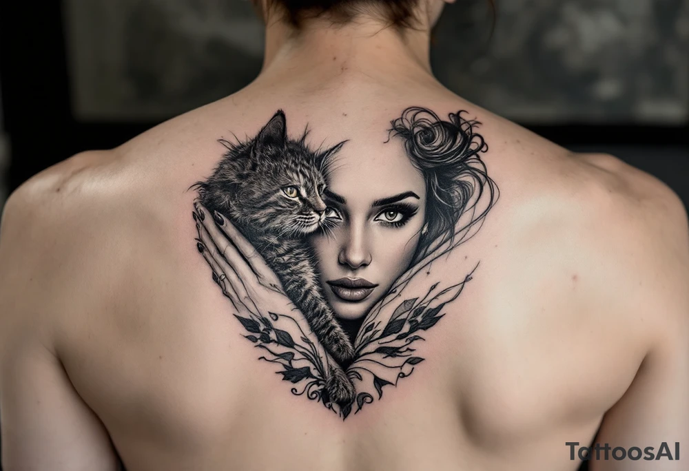 women portrait with cat tattoo idea