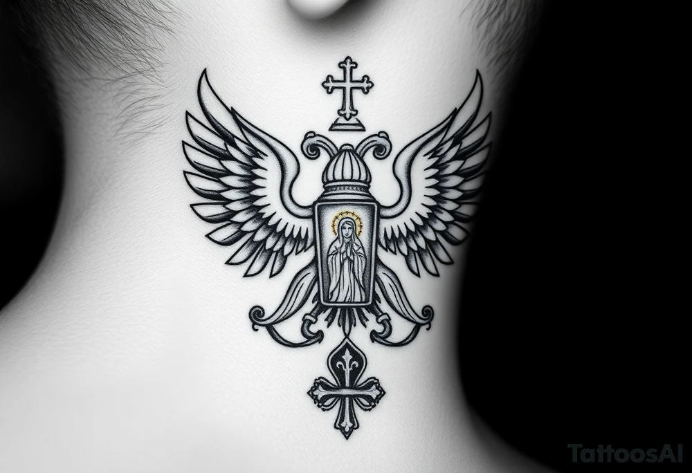 russian coat of arms double headed eagle traditional christian orthodox cross with a virgin mary stood in the entrance of a russian orthodox dome church on the side of the neck in a wilderness setting tattoo idea