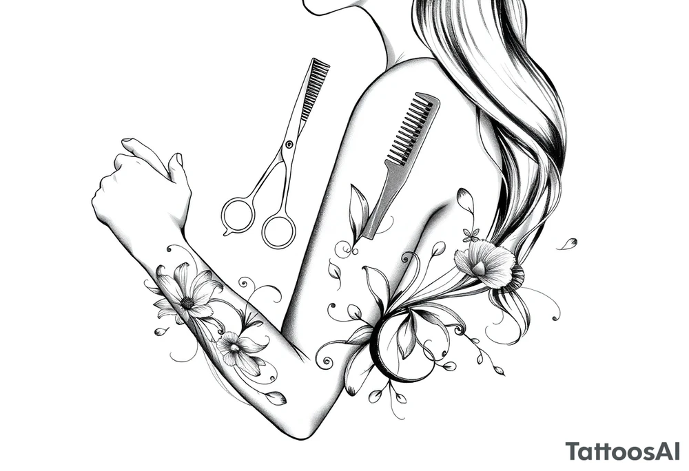 Hairdressing with scissors comb hairdryer tattoo idea