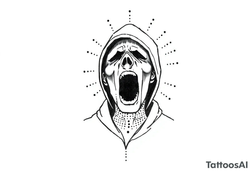 Confusion and pressure in thin lines on screaming solo traveler with no face tattoo idea