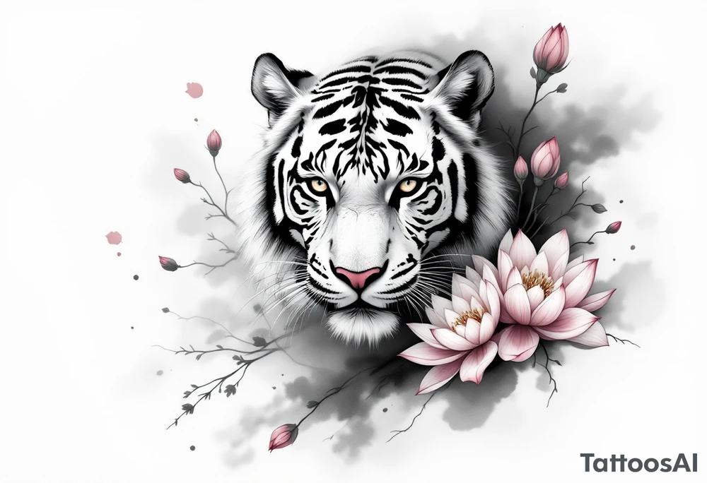 fierce tiger emerging through blooming lotus flowers in mist tattoo idea