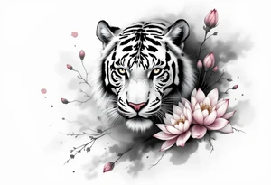 fierce tiger emerging through blooming lotus flowers in mist tattoo idea