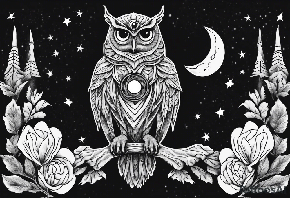 Wise Crowned Owl with the third eye flying towards the Dark Moon. tattoo idea