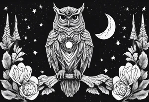 Wise Crowned Owl with the third eye flying towards the Dark Moon. tattoo idea