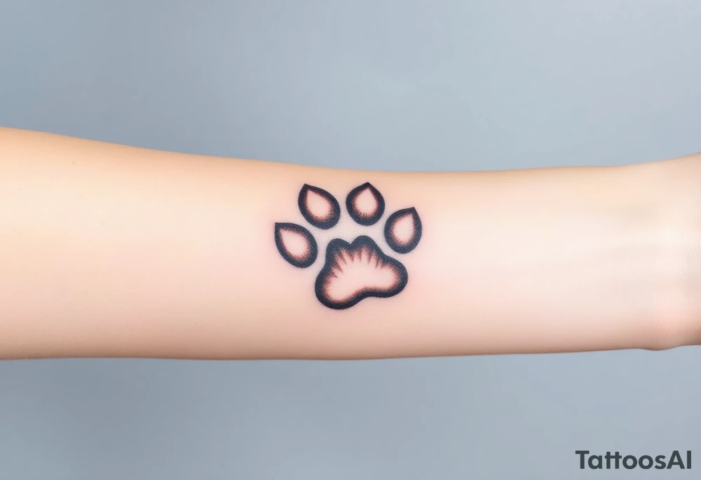 A detailed cat paw print with soft fur textures, using natural tones of cream, gray, and light brown for a delicate and cozy feel and hearts within tattoo idea