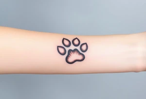 A detailed cat paw print with soft fur textures, using natural tones of cream, gray, and light brown for a delicate and cozy feel and hearts within tattoo idea