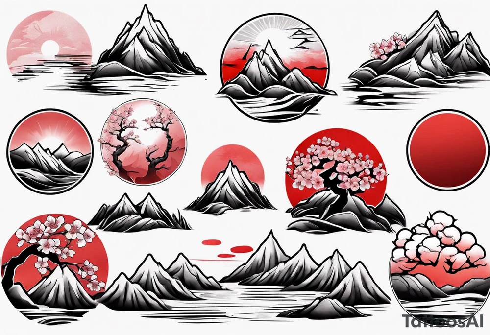 Cherry blossom red sun mountains landscape tattoo idea