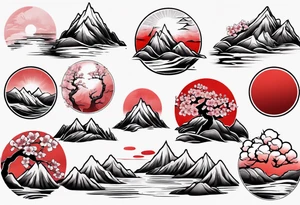 Cherry blossom red sun mountains landscape tattoo idea