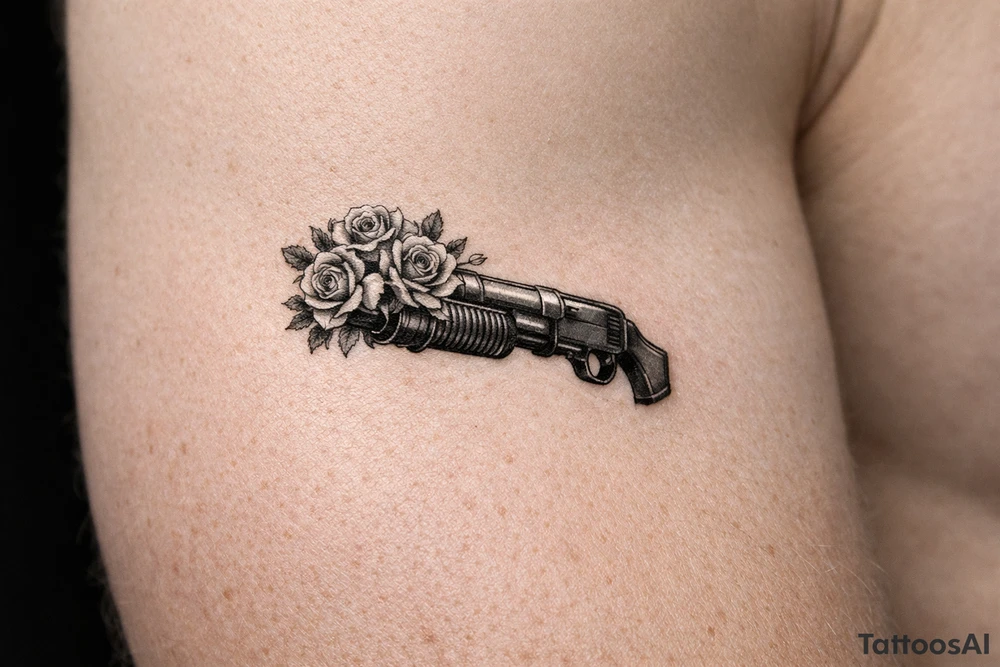 Realistic shotgun with vibrant roses overflowing the muzzle. tattoo idea