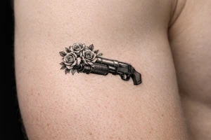 Realistic shotgun with vibrant roses overflowing the muzzle. tattoo idea